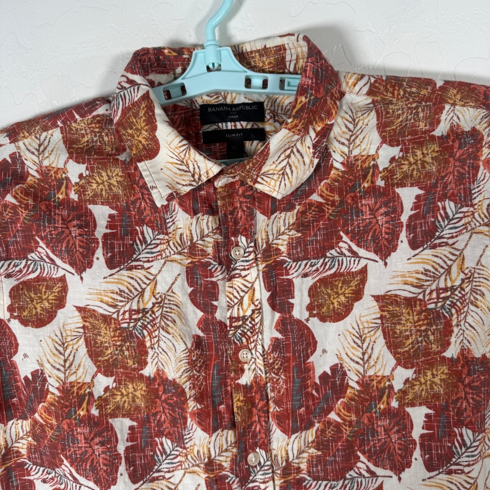 Banana Republic Shirt Mens XL Red Floral Linen Slim Fit Button Up Hawaiian Beach
